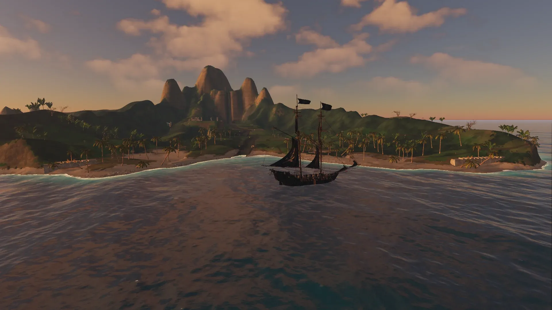 A black-sailed schooner at anchor in a calm bay below Thunderfall's peaks, palms along the shore.