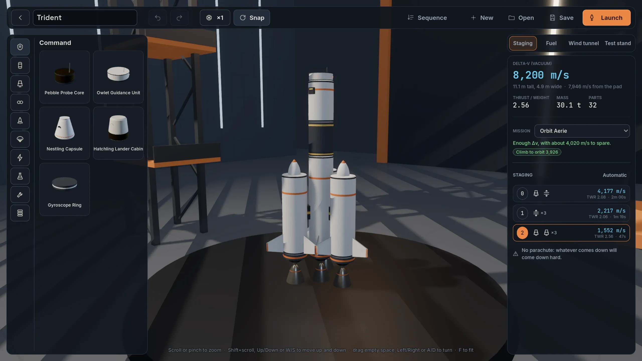 The assembly hall, with a rocket on the stand and the staging panel open.