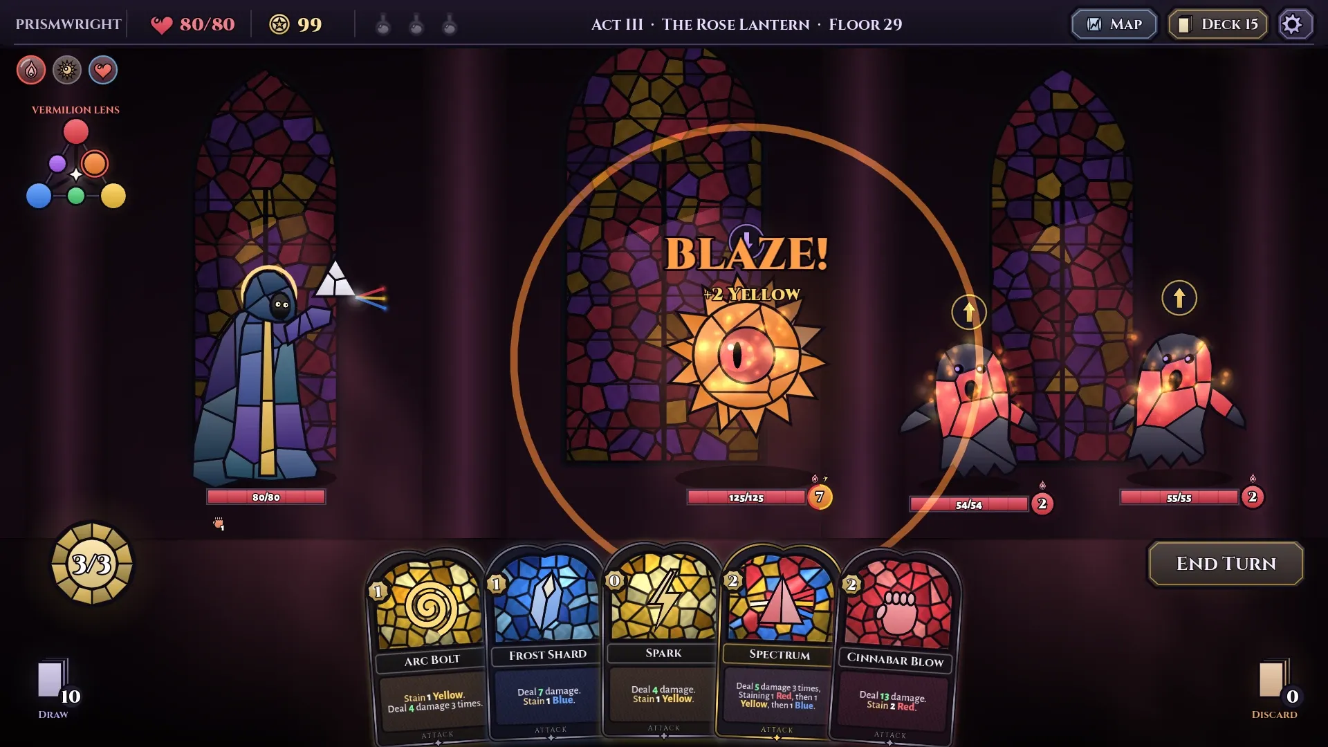 A Blaze Reaction spreading damage to every enemy, with the color wheel ringing the Vermilion Lens rule.