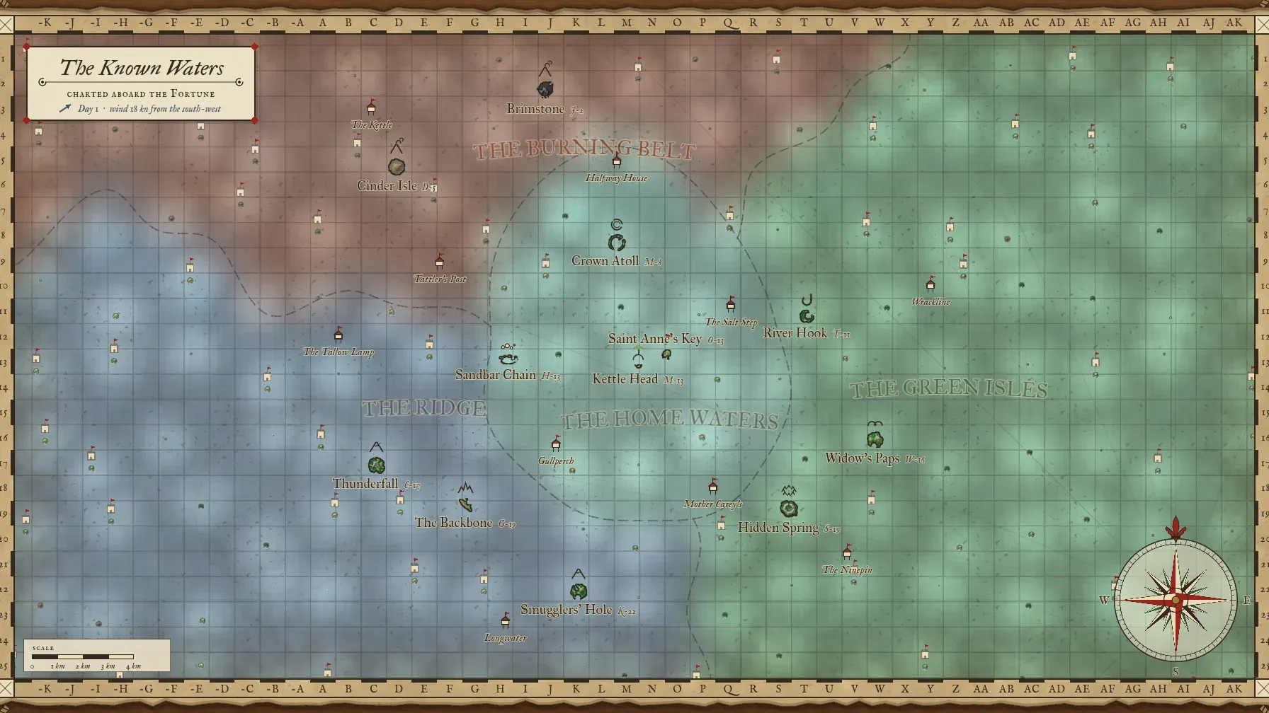 An old sea chart titled The Known Waters, washed in four regional colors, with islands inked by name and a compass rose.