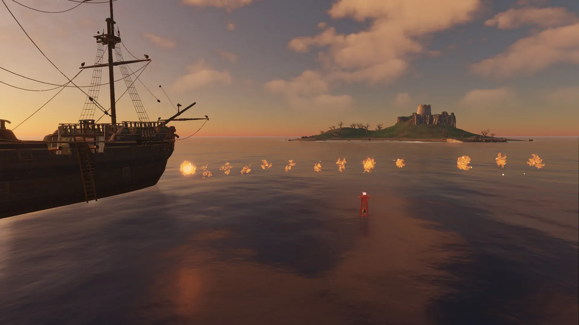 A ship's dark hull at left as a line of fiery bursts traces a fireball round's flight across calm water at sunset, a small castle-topped island on the horizon.