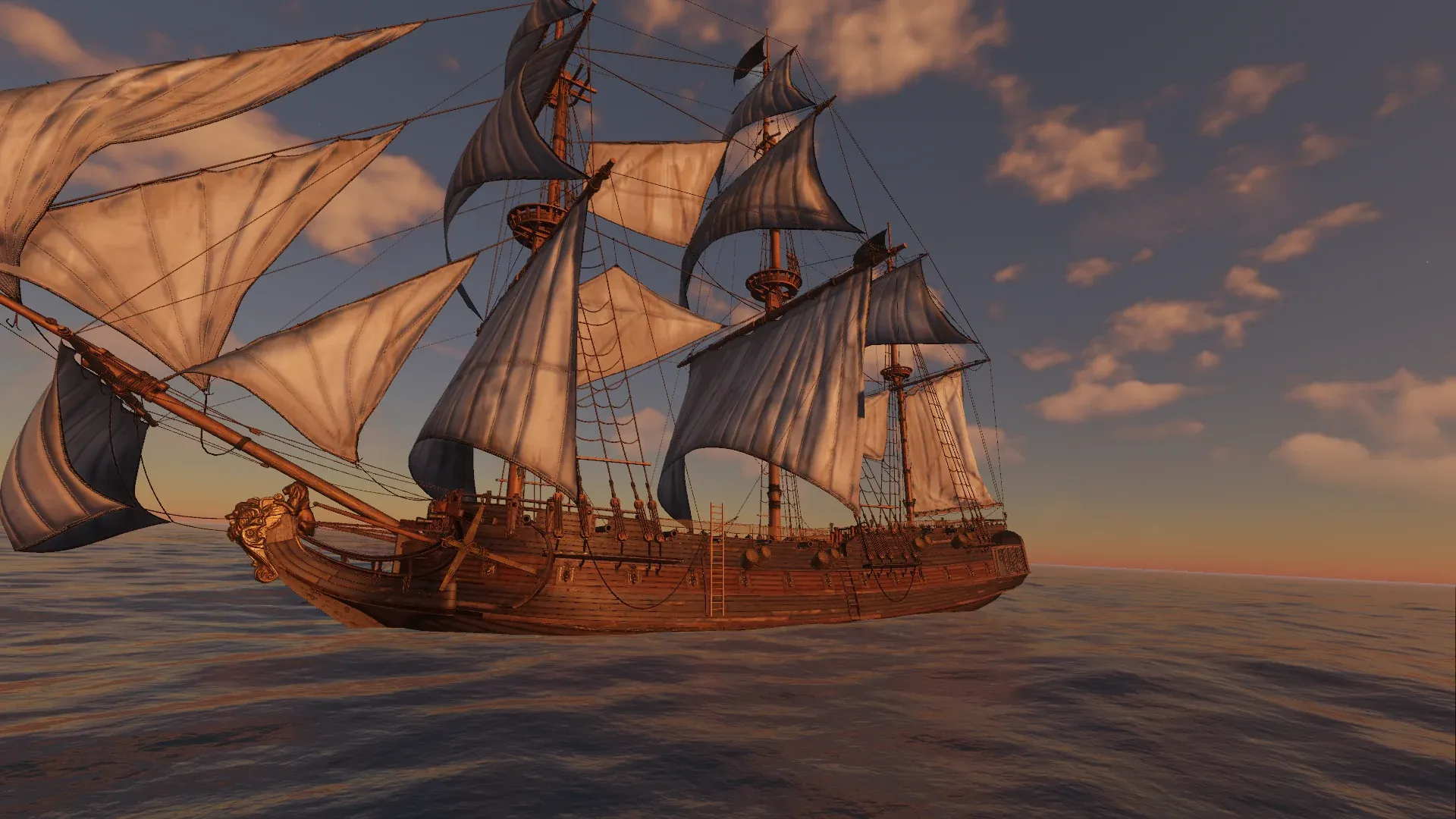 A three-masted frigate under full sail at golden hour, seen from low on the water off her bow.