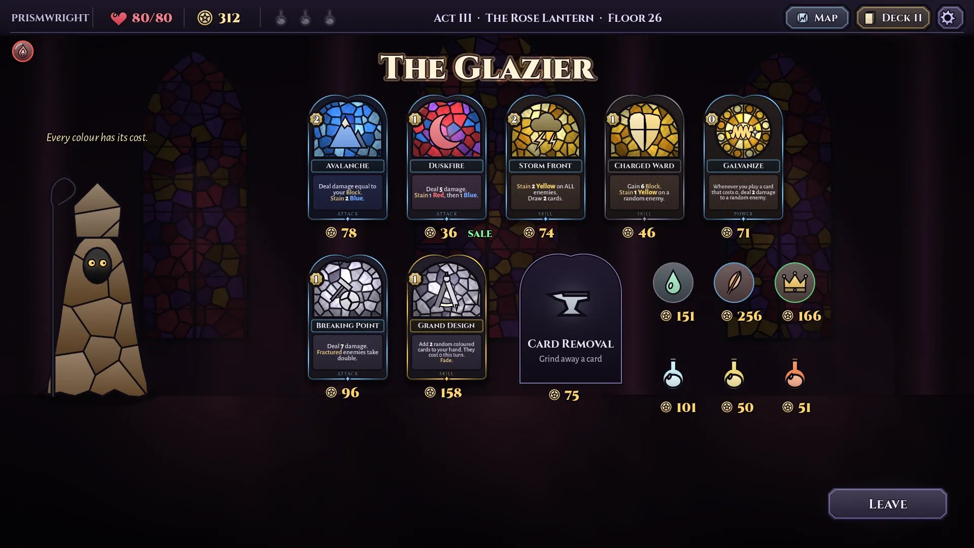 The Glazier's shop, offering cards, relics and tinctures.