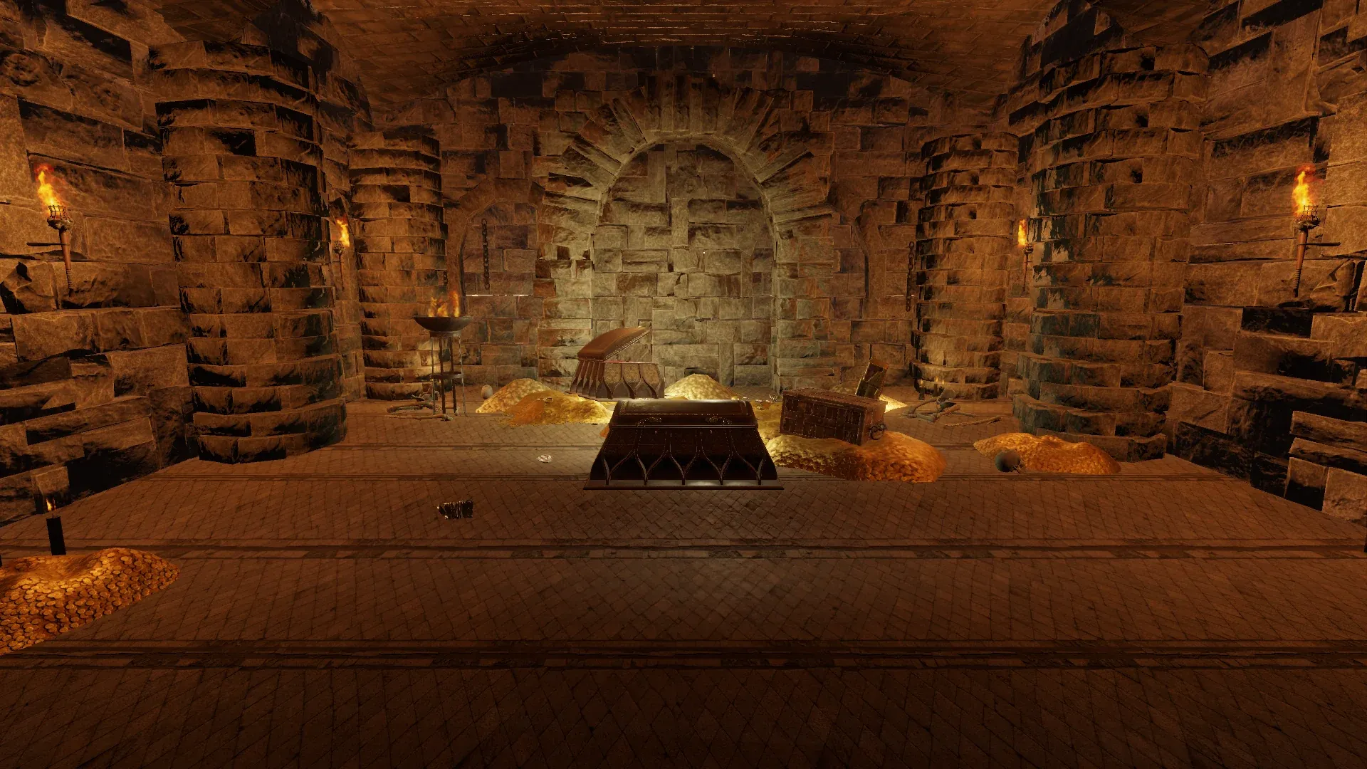 A torch-lit stone vault with an ornate chest at its center, more chests behind it and heaps of gold coins spilled across the floor.