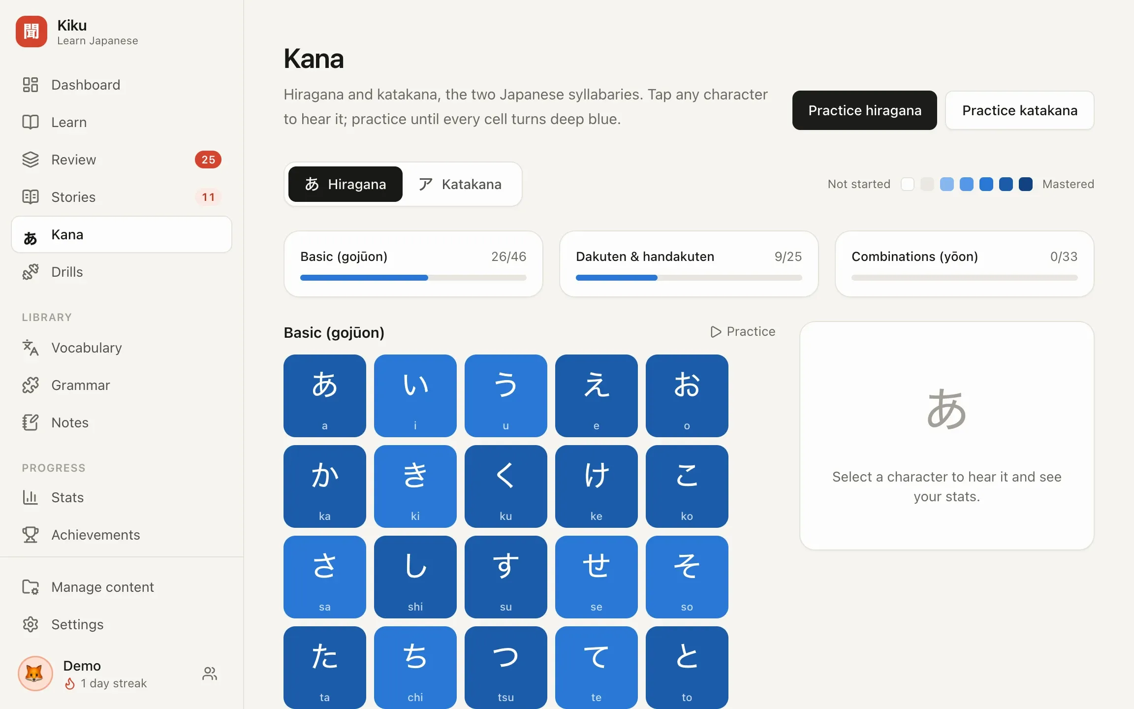 The hiragana chart, shaded by mastery.