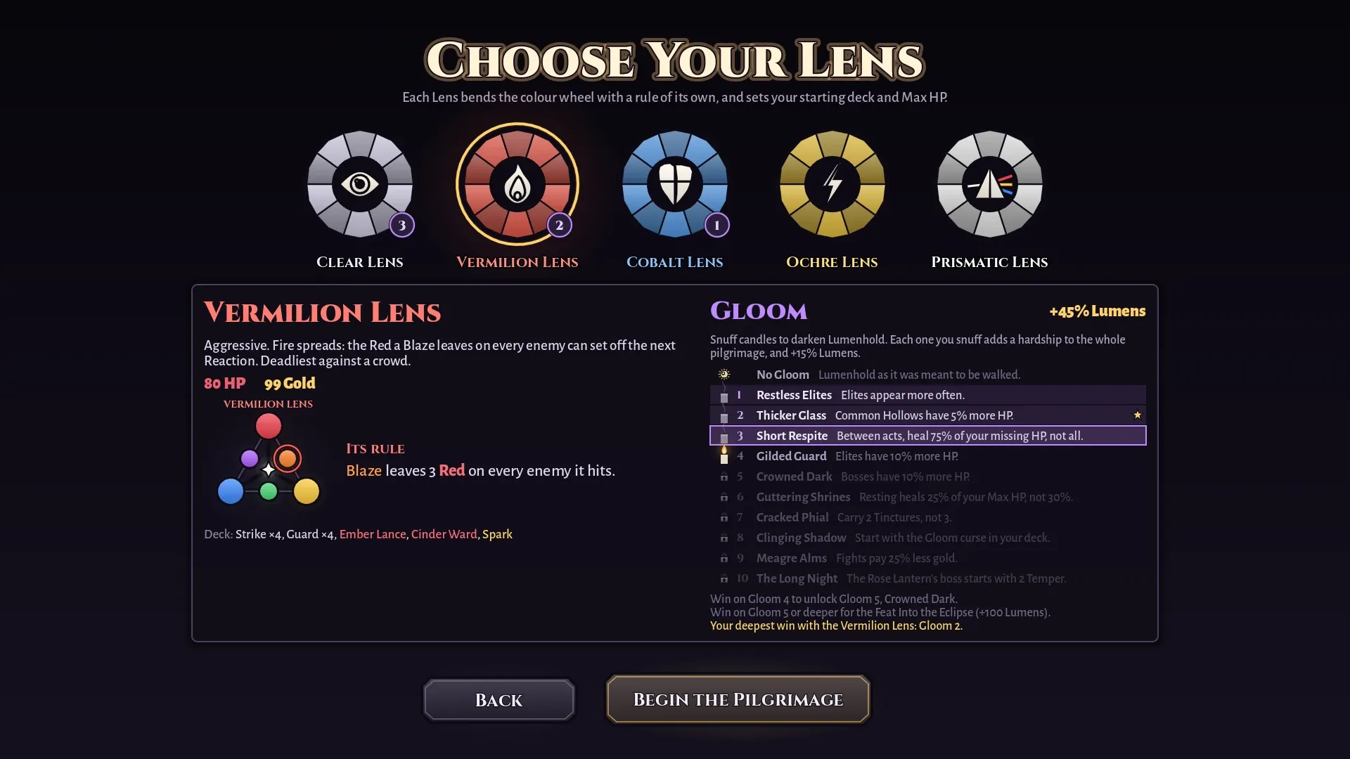 The Lens select screen with the Vermilion Lens chosen, showing its rule that Blaze leaves 3 Red on every enemy it hits, beside the Gloom ladder with three of its ten candles snuffed.