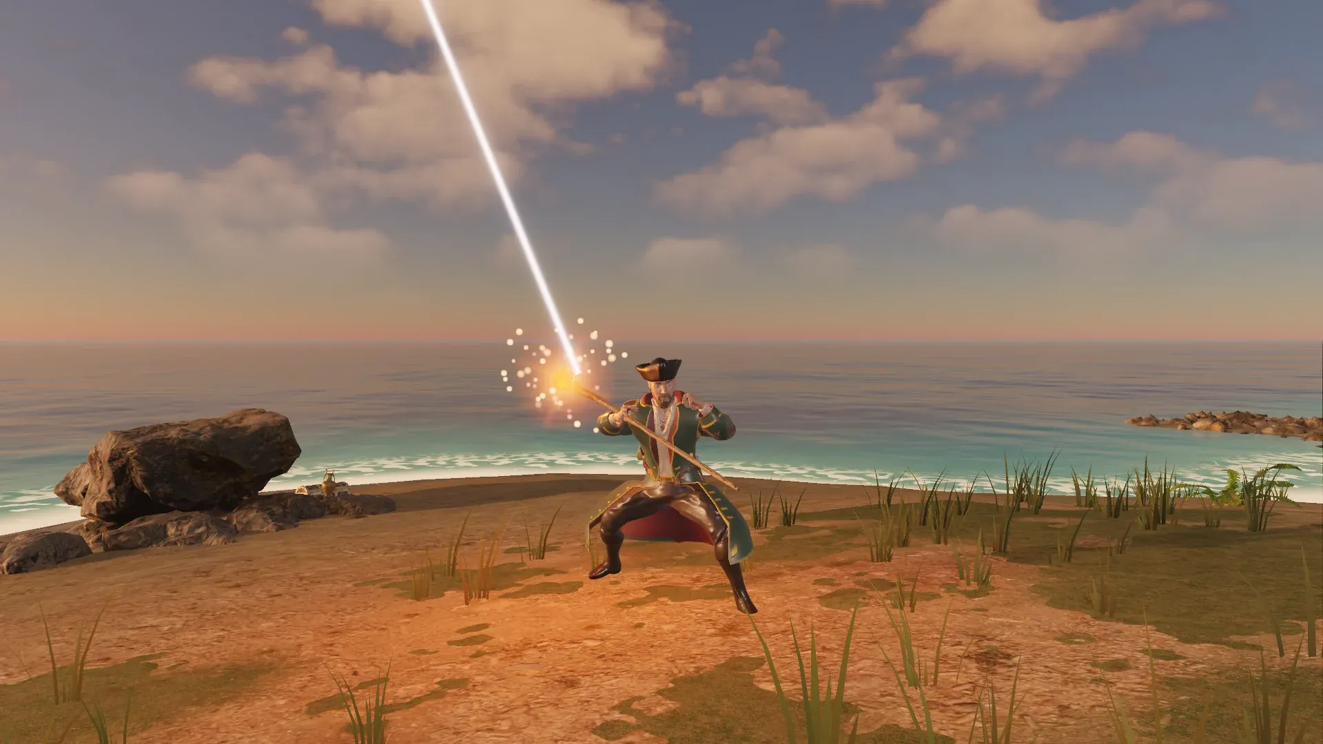 A pirate in a long coat holds up a staff on a beach as a bolt of lightning streaks down from the sky.