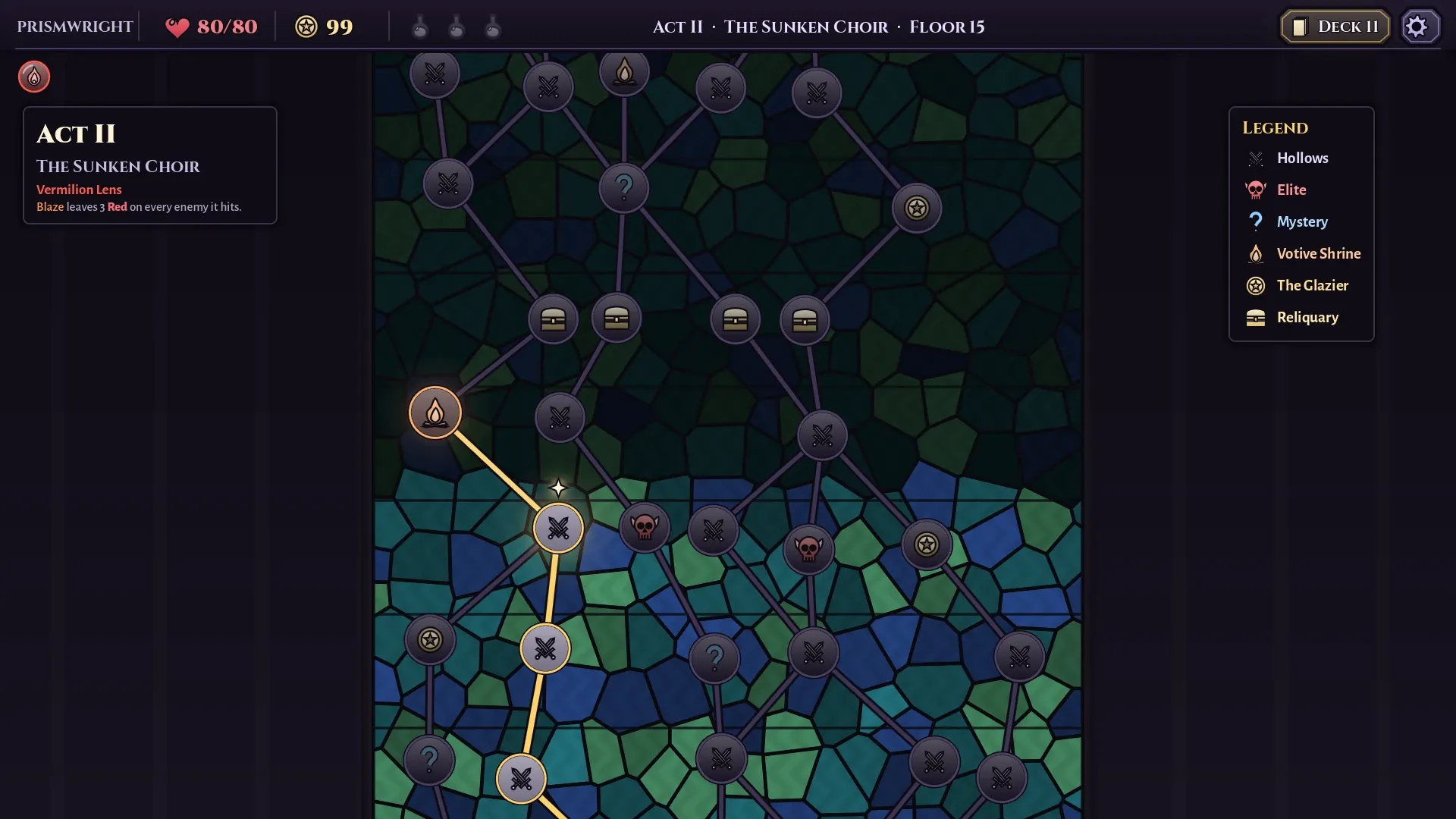 The Act II map, drawn as a tall leaded window that has relit along the path taken so far.
