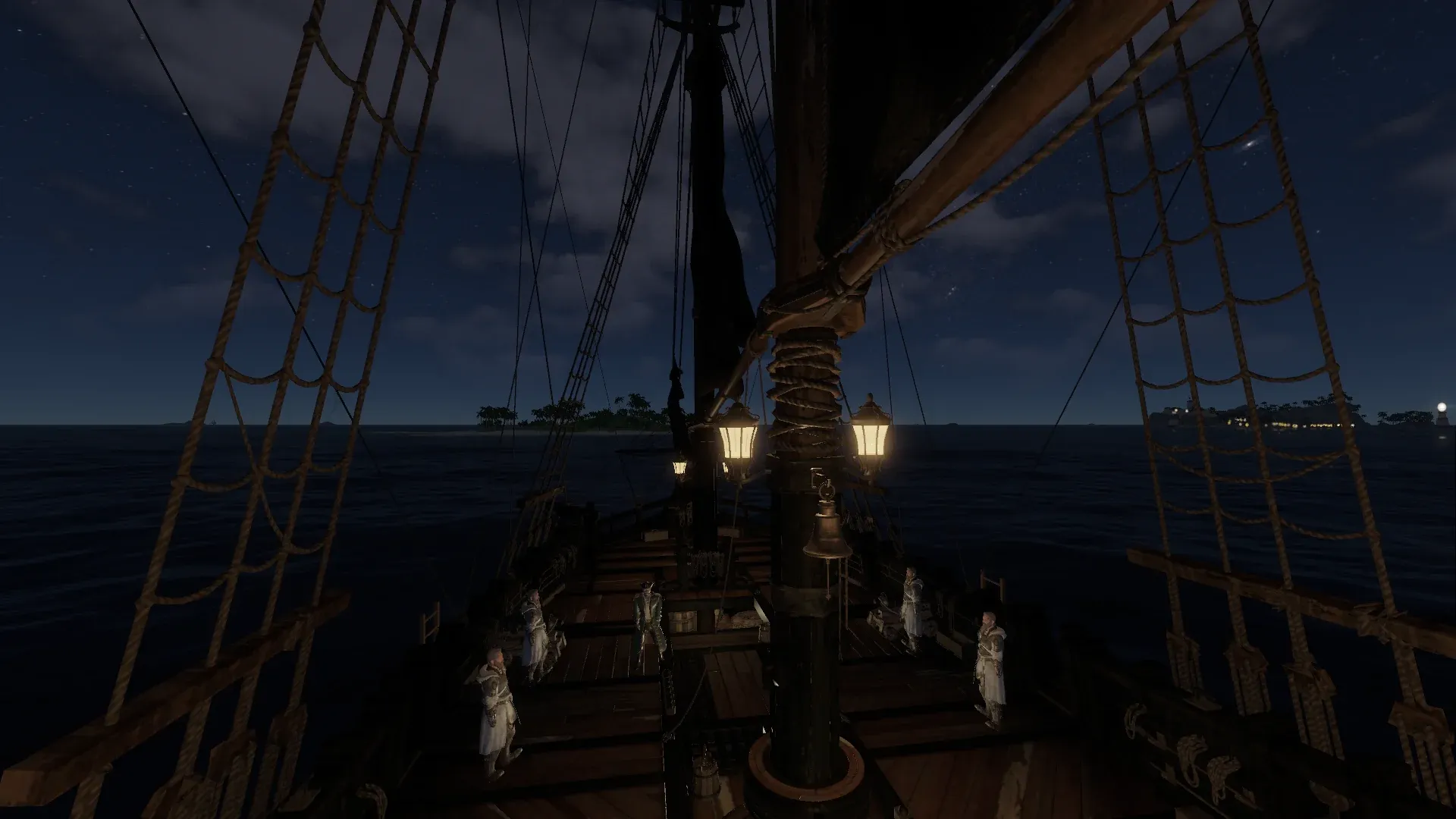 A ship's deck at night, lanterns lit on the mainmast, crew at their stations and lights on the dark horizon.