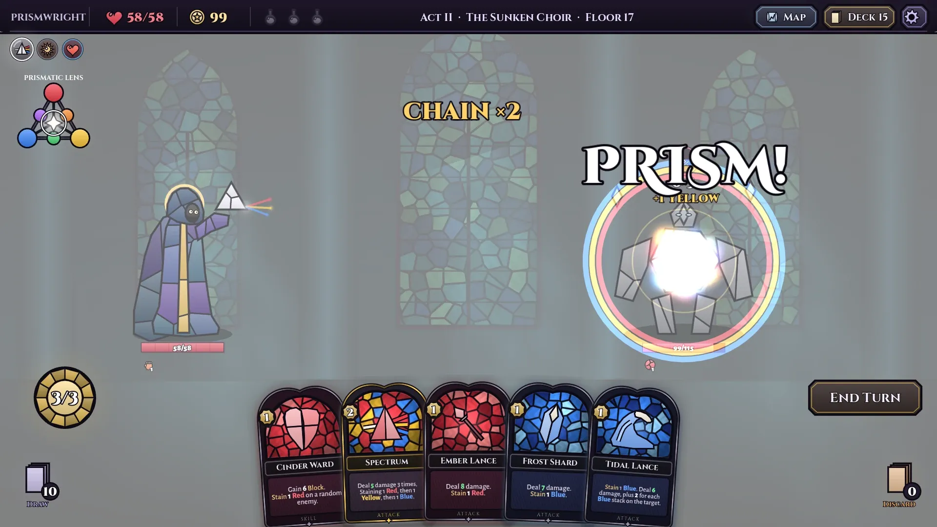 A PRISM bursting on a Shard Golem's glass under the Prismatic Lens.
