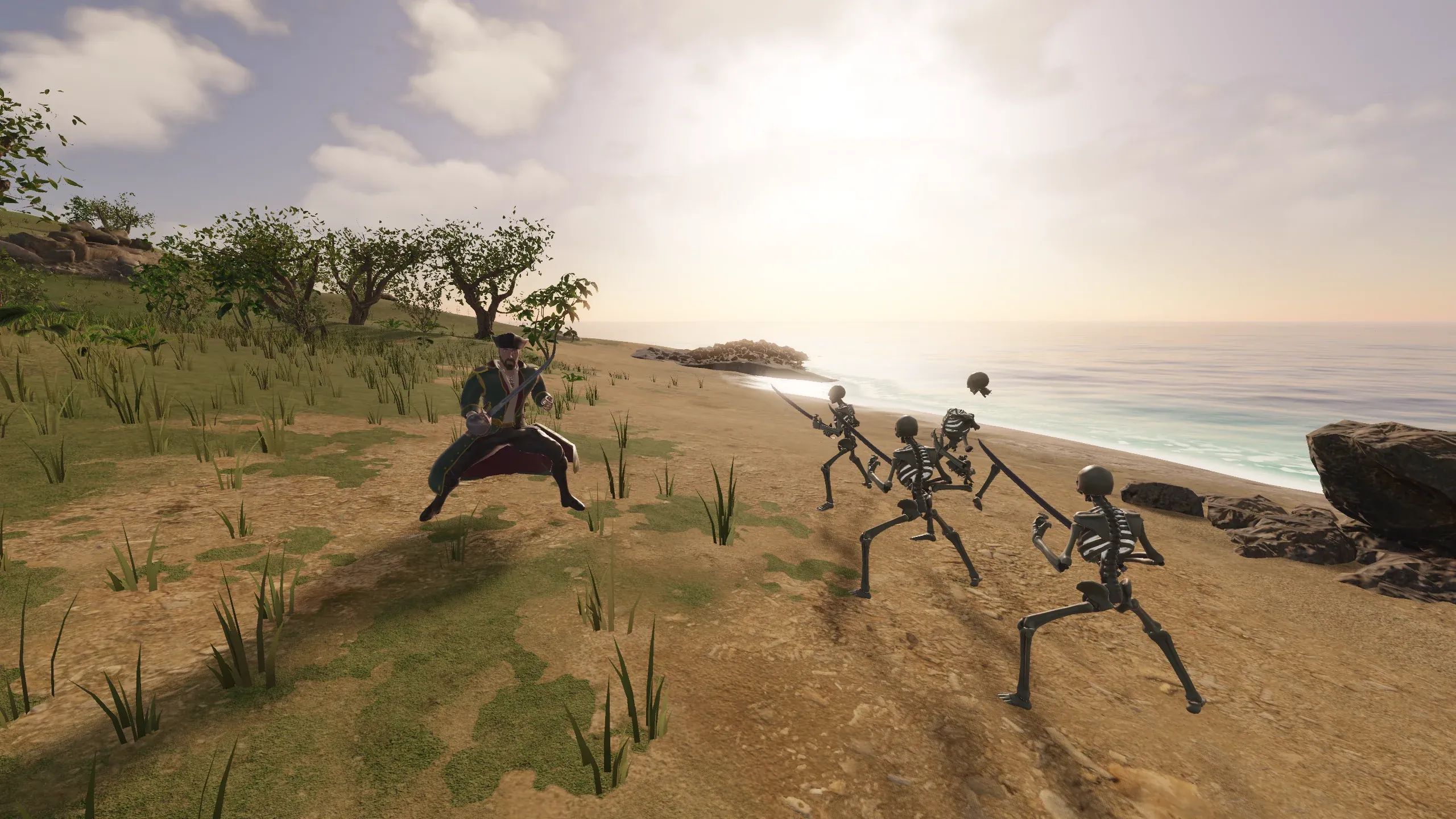 A pirate with a saber faces a line of skeletons on a beach as one of them bursts apart into bones.