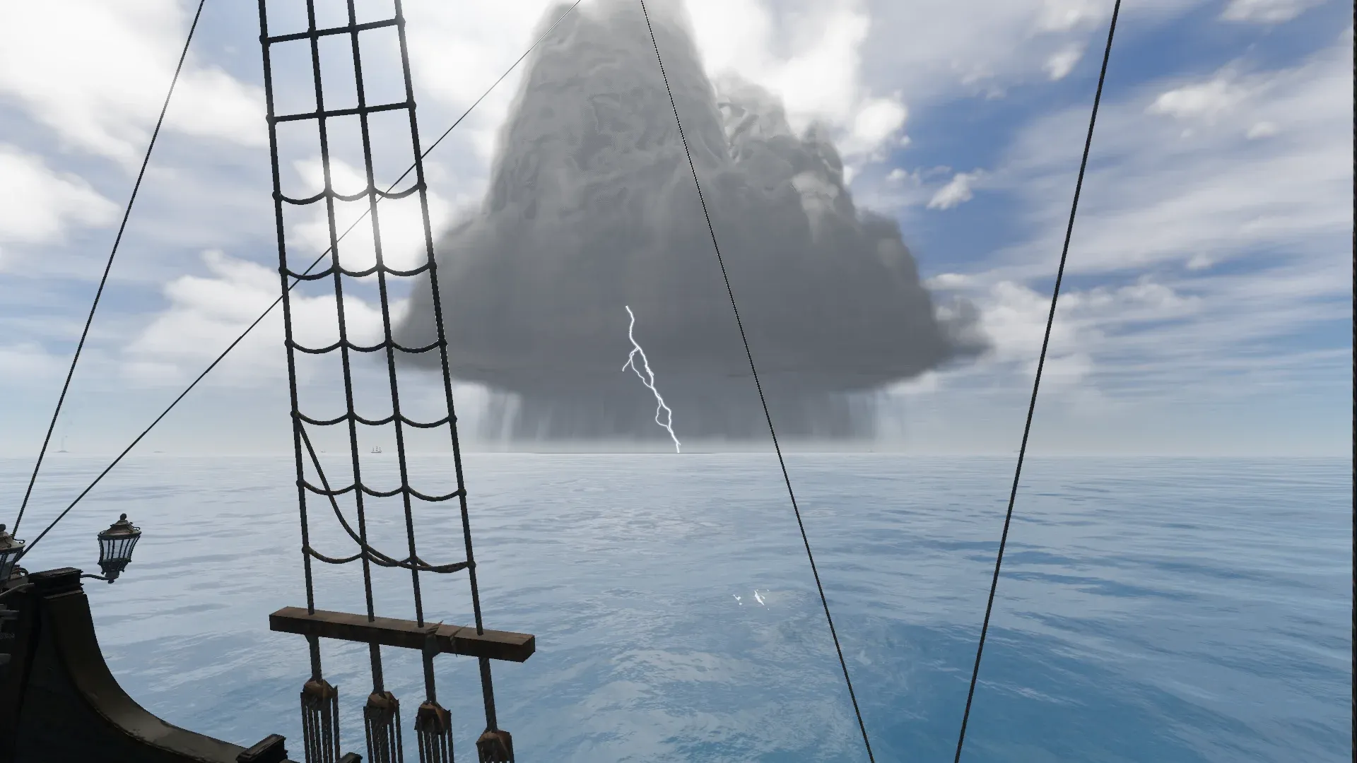 The view from a ship's deck past the shrouds toward a towering storm cloud, rain falling beneath it and lightning striking the sea.