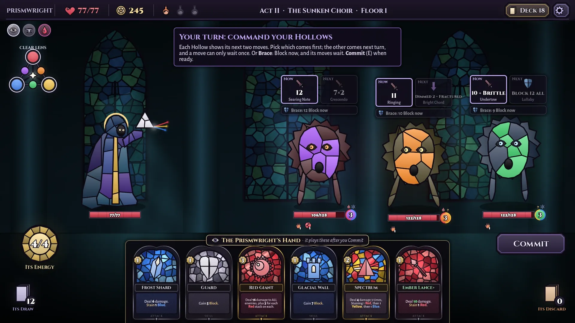 Tenebrae, with the player ordering the moves of the Choir Eternal's three voices while the Prismwright's hand lies face up below.