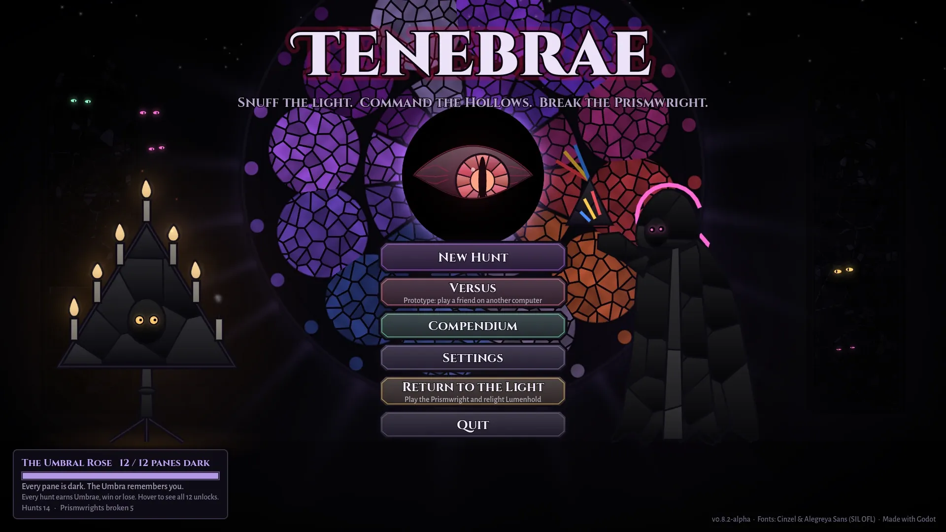 The Tenebrist's title screen, the same hall gone dark, with an eye open in the eclipsed Umbral Rose, the Tenebrae Hearse snuffing its candles and the Hollow Prismwright waiting.