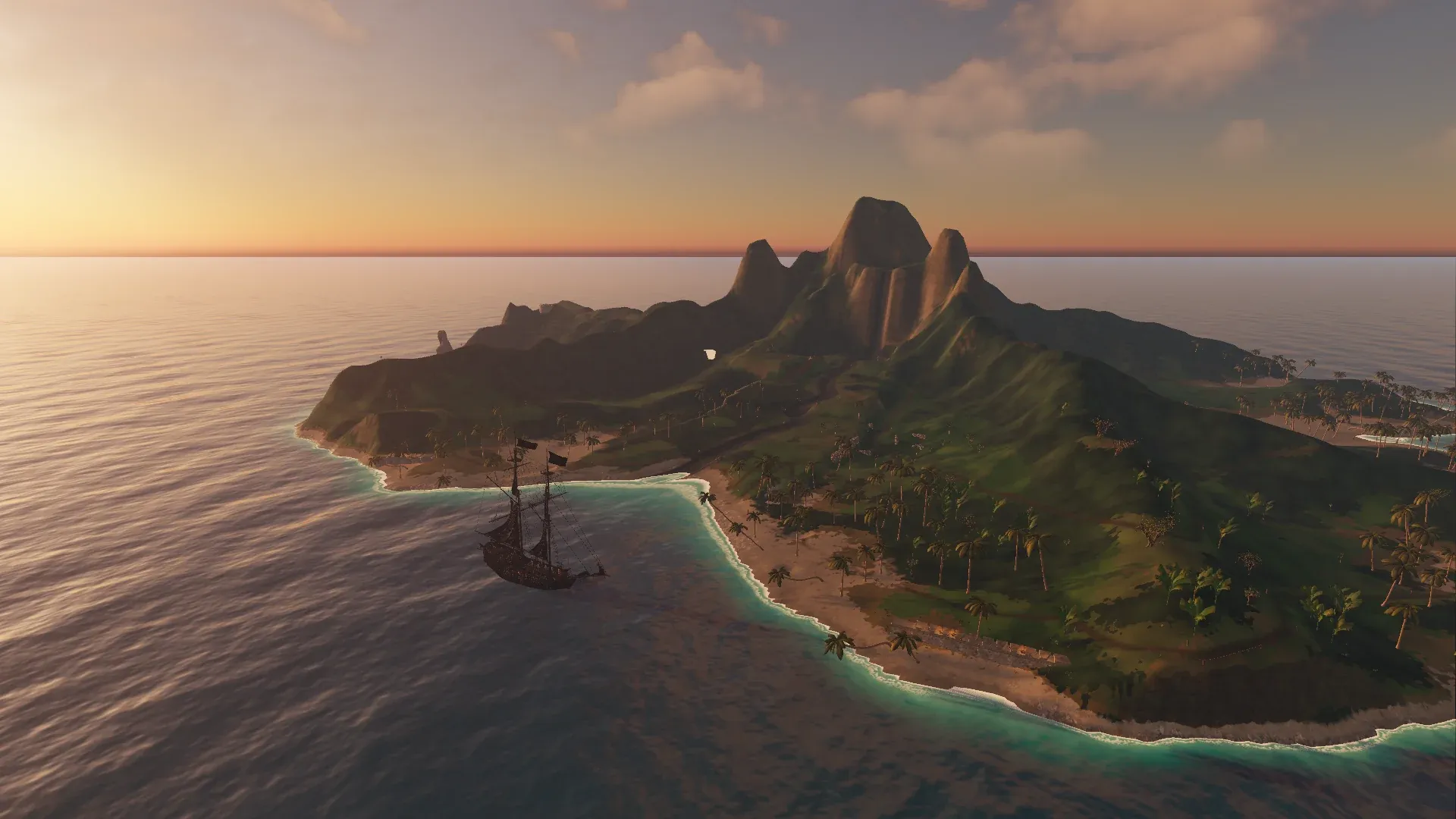 Thunderfall seen from the air at sunset, a green island of jagged peaks ringed by white surf and pale beaches, with a black-sailed ship at anchor in its bay.