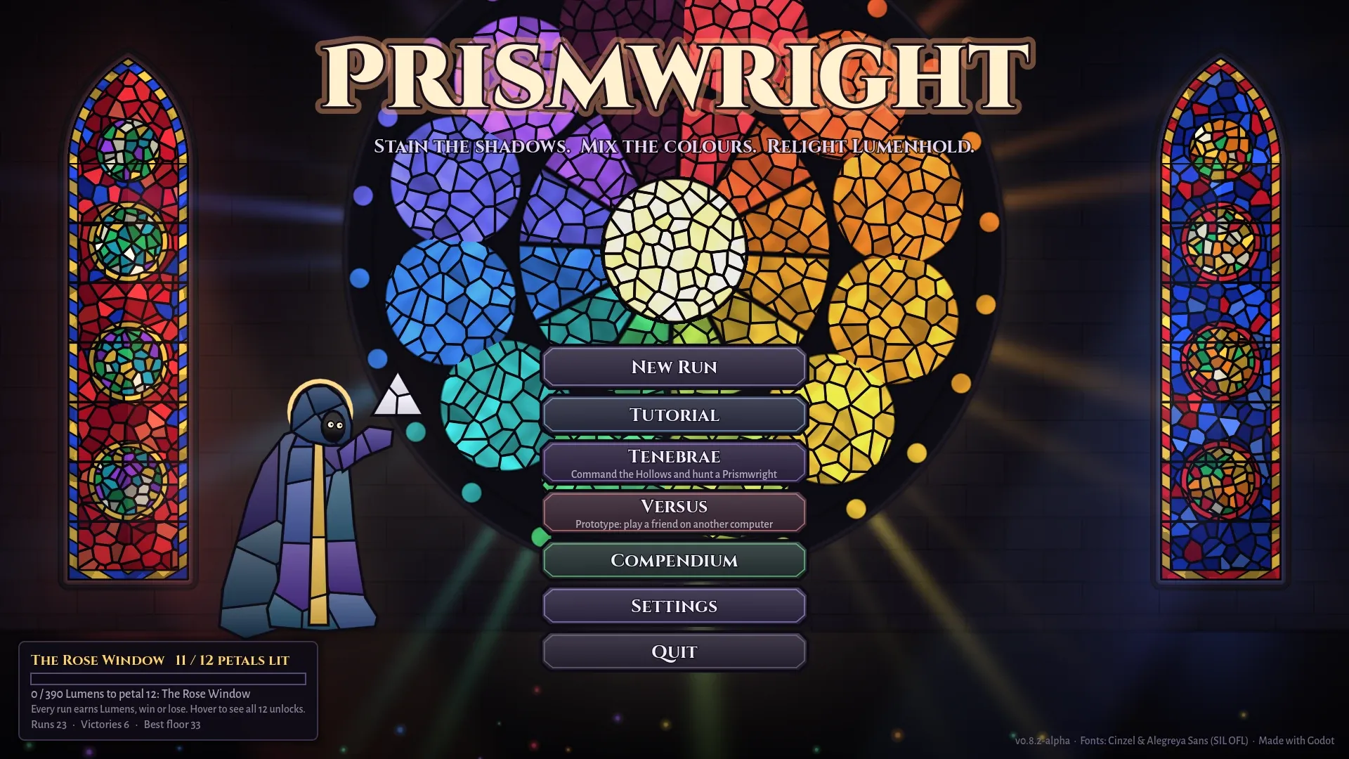 The Prismwright's title screen, with the great Rose Window between two lit lancet windows and the Prismwright standing in their light.